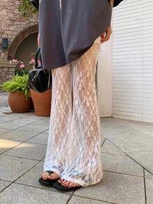 DAZY Women's Solid Color Sheer Lace Flare Pants ,Petite Women - White - View 4