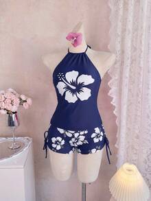 Swim Lushoire 女款花卉印花掛脖綁帶背心上衣與貼身休閒短褲泳裝套裝 - 藍白色 - 查看 3