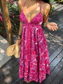 Sunnyshic Women's Spring/Summer Casual Vacation Fashion Street Daily Versatile Bohemian Paisley Print Backless Halter Tie Bow Long Dress - Hot Pink - View 5