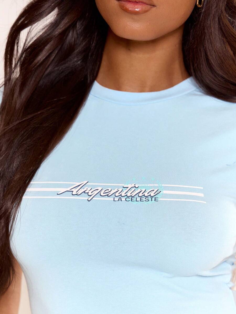 MUSERA Blue "Argentina" Graphic Print Cropped Fitted Baby Tee - Blue - View 1