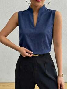 SHEIN Raffinéa Women's Solid Color Notched V-Neck Casual Sleeveless Blouse Teachers' Day Office Navy Blue Summer - Navy Blue - View 4