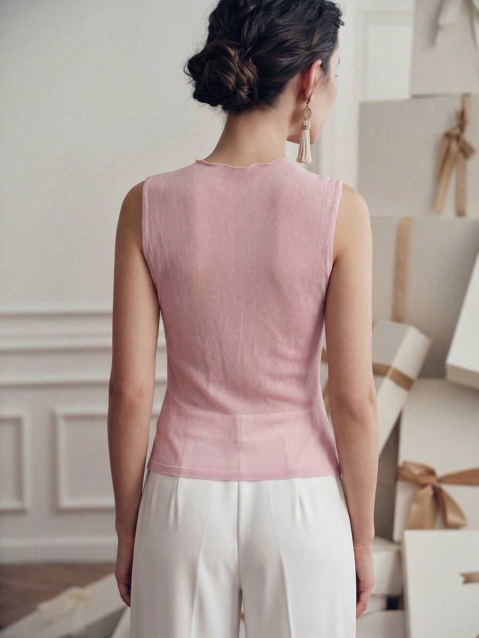 Anewsta Elegant Romantic Casual Outing Tea Party Brunch Daytime Wedding Holiday Sexy Stretchy Fitted Mesh 3D Floral Embroidery Women Tank Top Pink Floral