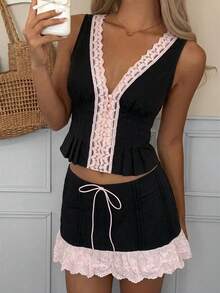 SHEIN EZwear 夏季女款 2 件組蕾絲拼接 V 領無袖上衣與裙子套裝，黑色與粉色，適合夜生活與日常穿搭，可愛風格 - 彩色 - 查看 6