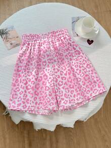Teen Girl Drawstring Waist Leopard Print Casual Versatile Daily Outing Shorts - Pink - View 2
