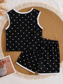 SHEIN Vintaside Kids 2件組少女條紋針織提花寬鬆背心與短褲套裝，適合日常休閒、度假、運動、旅行、夏季 - 黑色 - 查看 2