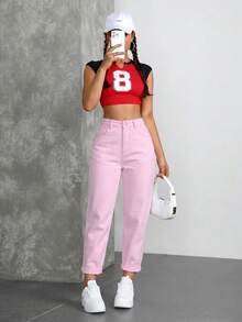 SHEIN ICON 女款純色時尚口袋鈕扣牛仔褲 - 粉色 - 查看 6