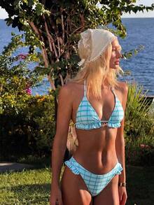 Swim Vcay 2026 Spring/Summer Blue Green Plaid Print Fabric Gold Starfish Shell Conch Shell Decor High Cut Hem Design Suitable For Beach Seaside Pool Scenes Women's Sexy Bikini - Blue - View 1