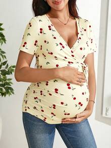SHEIN Nursing Function Cherry Print Tie-Front Short Sleeve Top - Yellow - View 4