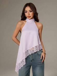 SHEIN PETITE 不對稱高領掛脖上衣，蕾絲飾邊，晚宴派對款 - 淡紫色 - 查看 7