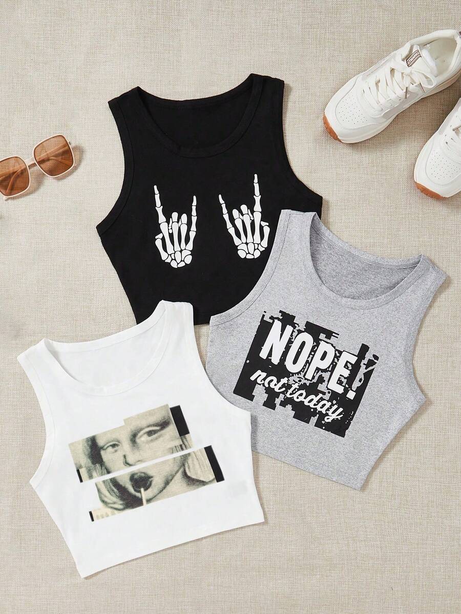 GlowEve 3pcs Figure & Slogan Graphic Tank Top Graphic Tees Women Tops - Multicolor - View 1