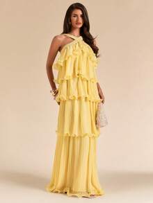 SHEIN BAE Gaun Panjang Lebar Berlapis-lapis Berlipit dengan Leher Halter dan Punggung Terbuka Warna Kuning Polos untuk Musim Semi/Panas, Gaun Elegan - Kuning muda - View 5