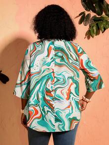 EMERY ROSE Plus Size Women's Marble Pattern Notch V-Neck Rolled Sleeve Blouse - Multicolor - View 3