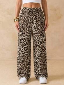 SHEIN PETITE CURVE 大码女式豹纹系带直筒裤 - 棕色 - 查看 6