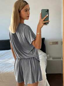 Livesso 2pcs Women's Comfortable Solid Color Minimalist Knit Wavy Hem T-Shirt And Shorts Pajama Set, Summer Home Wear - Dark Grey - View 2