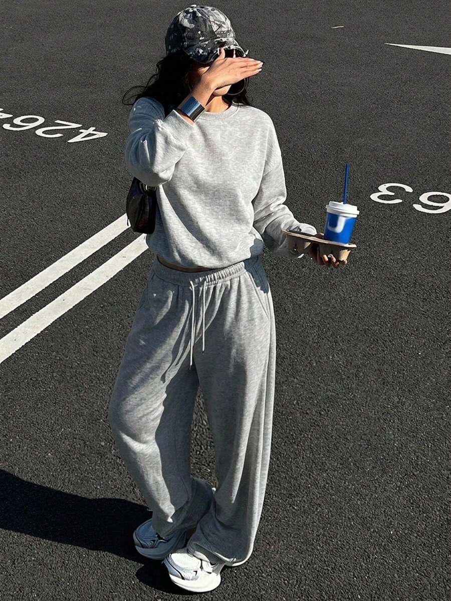 DAZY 女款純色抽繩腰寬腿寬鬆休閒長褲 夏季 - 深灰色 - 查看 1