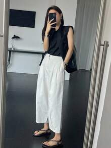 DAZY Women's Solid Color Button Pleated Casual Pants, Spring/Summer Petite - White - View 2