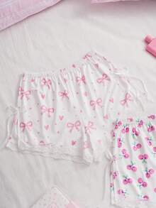 SweetSlumber 2 Peças Shorts Femininos com Estampa de Cereja e Laço, Barra Dividida, Doce e Fofo - Multicolorido - Visão 4