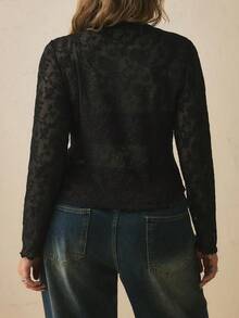 Freevana Plus Size Vacation Black Ditsy Floral Print Long Sleeve Base Layer Top Night Autumn Elegant Sexy Fall Date Night Cocktail Dinner Wedding Guest - Black - View 2