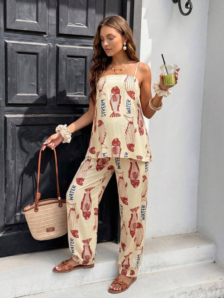 SHEIN Maternity Casual Fish Print Camisole And Pants 2 Pieces Set - Multicolor - View 1