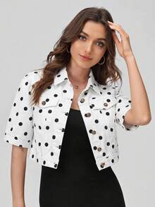 SHEIN EZwear 女款波點單排扣休閒百搭日常牛仔夾克 - 駝色 - 查看 3