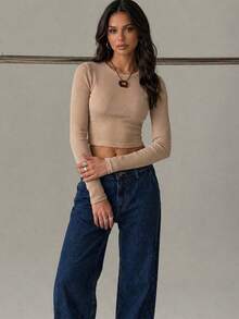 Women's Ribbed Fitted Crop Top, Long Sleeve Crew Neck Body-Hugging Casual Top. - Cream - View 3