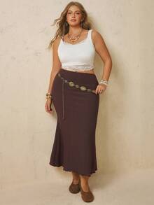 Levarali Plus Size Women's French Retro Elegant 1950s Vintage 80s 1920s Casual Brown Textured High Waist Mermaid Skirt Flared Midi Autumn Party Vacation Office - Coffee Brown - View 6
