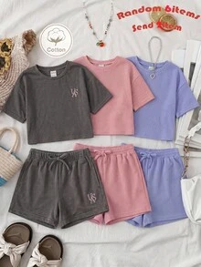 SHEIN 少女針織素色圓領寬鬆休閒T恤與短褲套裝 2件組 - 黑色 - 查看 1