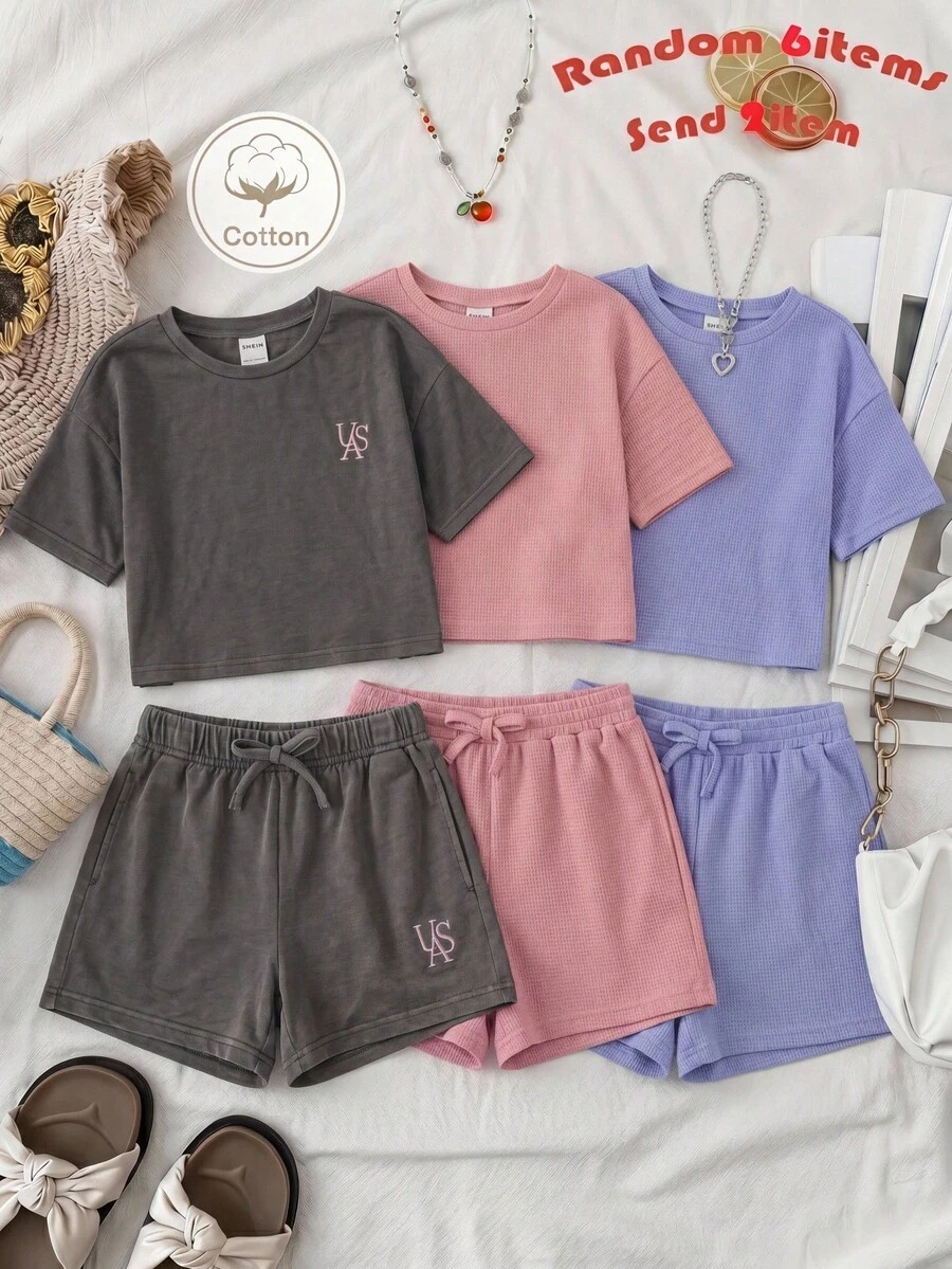 SHEIN 少女針織素色圓領寬鬆休閒T恤與短褲套裝 2件組 - 黑色 - 查看 1