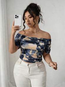 SHEIN Clasi Plus Size Tie-Dye Short Sleeve T-Shirt With Off Shoulder Neckline And Side Ruched Detail - Multicolor - View 5