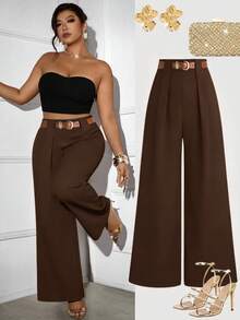 SHEIN Tall CURVE Große Größen TALL Serie Damen minimalistische plissierte gerade geschnittene Hose, geeignet für den Arbeitsweg - Braun - Übersicht 7