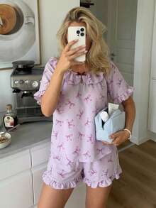 DAZY Women's Summer Butterfly Print Ruffle Trim Loose Short Sleeve Top And Shorts Pajama Set - Purple - View 9