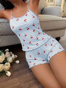 SHEIN Women's Striped Cherry Print Cami & Shorts Pajama Set - Multicolor - View 4