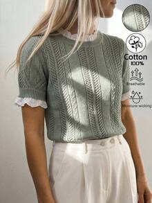 Sprig & Strand Women's Spring/Summer Round Neck Lace Trim Patchwork Design Elegant French Sweet Date Office Brunch Fitted Knit Pullover Top Sage Green - Green - View 1