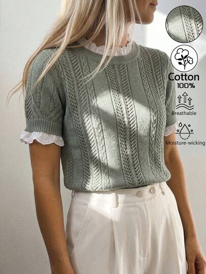 Sprig & Strand เสื้อถักแบบสวมหัวผู้หญิง คอกลม แต่งลูกไม้ ดีไซน์แพตช์เวิร์ก สไตล์ฝรั่งเศสหรูหราหวาน สำหรับเดท ออฟฟิศ และบรันช์ ทรงเข้ารูป สีเขียวเซจ ฤดูใบไม้ผลิ/ฤดูร้อน