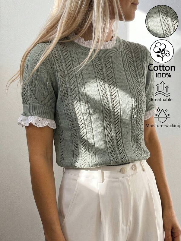 Sprig & Strand เสื้อถักผู้หญิงฤดูใบไม้ผลิ/ฤดูร้อนใหม่ ชิ้นเดียว คอกลม แต่งลูกไม้ ดีไซน์ต่อผ้า แฟชั่นหรูหราหวานสำหรับเดท ทรงเข้ารูป เสื้อถักสวมหัว