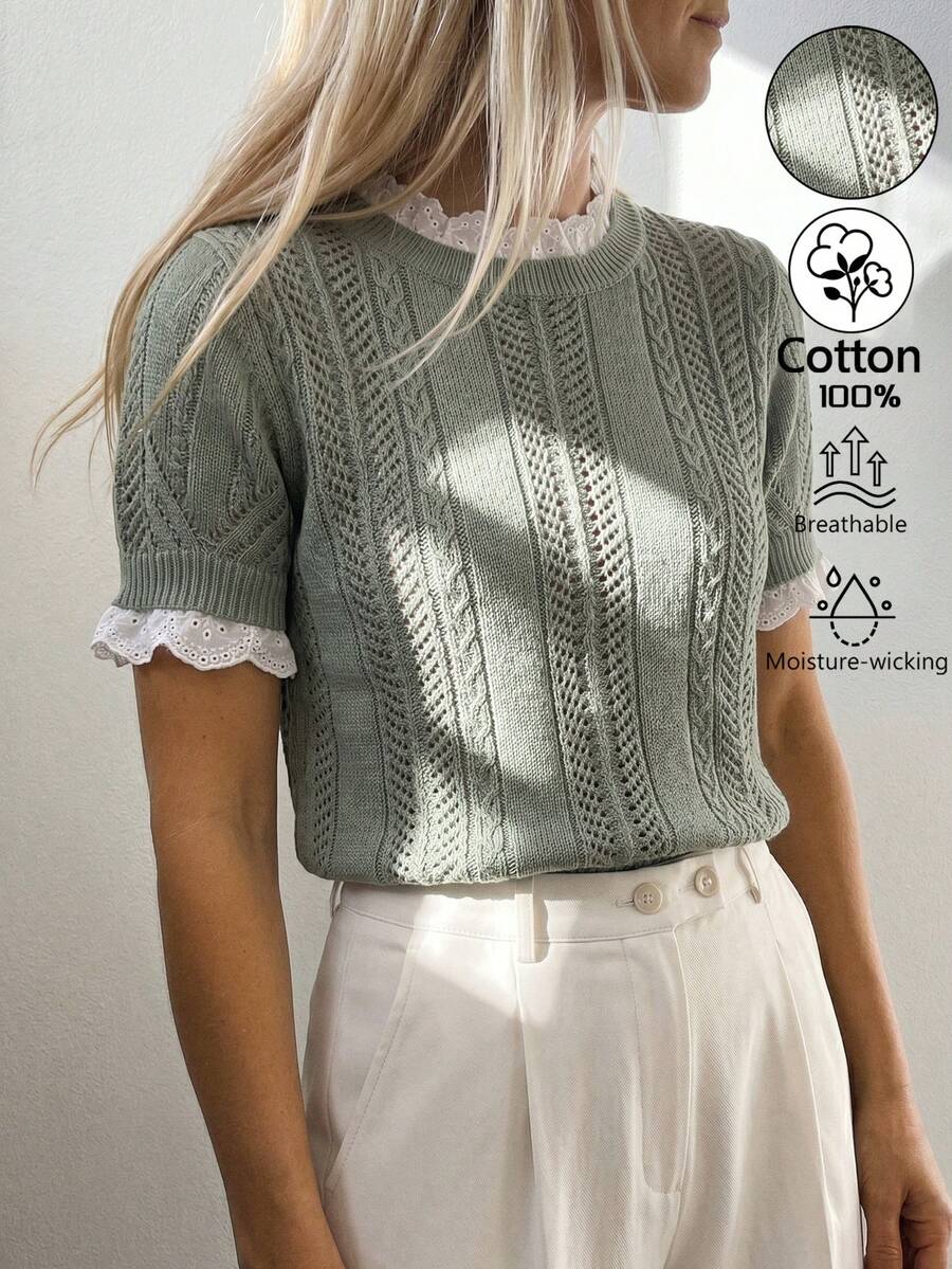 Sprig & Strand Women's Spring/Summer Round Neck Lace Trim Patchwork Design Elegant French Sweet Date Office Brunch Fitted Knit Pullover Top Sage Green - Green - View 1