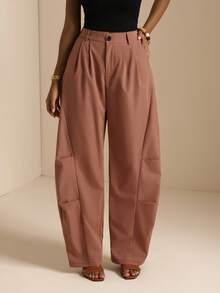 Vesra Women's Solid Color Casual Versatile Button Pocket Pleated Long Pants - Brown - View 4