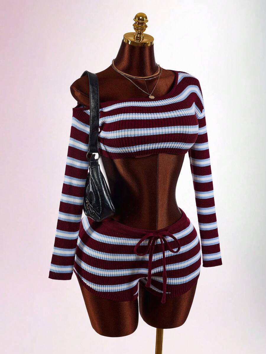 Amplova Women's Vintage Asymmetrical Neck Mini Super Short Knitted Striped Set For Home Party And Back To School - Blue - View 1