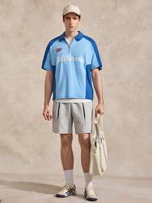 Polo de manga corta casual con media cremallera y estampado de letras de color contrastante para hombres - Azul - Ver 2