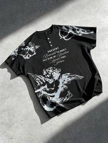 ROMWE MEN Men's Henley Neck Print Loose Fit T-Shirt - Black - View 7
