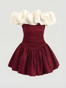 Firerie Kids Firerie Kids Tween Girl Elegant Off Shoulder Burgundy Dress,Exaggerated Floral Trim Color Block Ruched Fitted Lantern Hem Party Formal Dress For Summer Graduation - Burgundy - View 7
