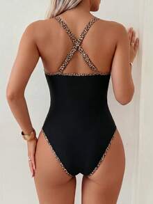 Swim Mod 女款一件式熱帶可愛豹紋飾邊純色收腰熱銷比基尼泳衣，海灘度假休閒優雅情人節派對泳裝，女性度假優雅海灘穿搭泳衣 - 彩色 - 查看 2