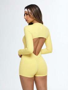 Glamine Mono de mujer amarillo pálido minimalista de manga larga con espalda abierta, mono de gimnasio con fruncido, ropa deportiva de verano sin espalda para entrenamiento y fitness - Amarillo - Ver 3