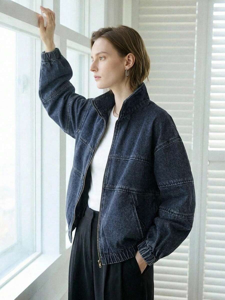 FRIFUL 女式落肩长袖前拉链宽松休闲牛仔夹克超大牛仔夹克女式牛仔夹克拉链牛仔夹克牛仔飞行员夹克女式牛仔裤 - 藍色 - 查看 1