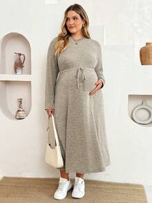 Plussiva Plus Size Maternity Casual Drawstring Waist Dress Fall - Grey - View 7