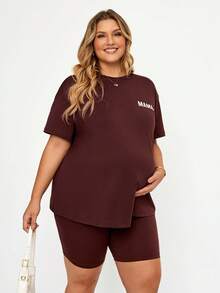 Plussiva Plus-Size Maternity Brown Letter Print T-Shirt And Shorts Two-Piece Set. Adjustable Elastic Waistband. Summer Casual Athletic. Gym - Brown - View 7
