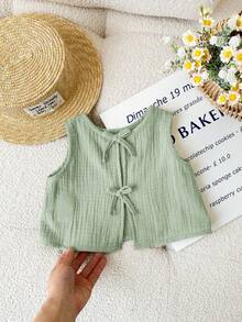 SHEIN ملابس علوية بدون أكمام بتصميم فيونكة كاجوال لطيفة متعددة الاستخدامات لطفلة حديثة الولادة - أخضر نعناع - مشاهدة 6