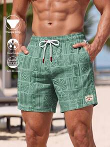 Manfinity KASUA Men's Beach Vacation Casual Printed Swim Trunks, Holiday - Green - View 1