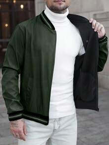 Manfinity CasualCool Men's Spring/Autumn Casual Fashion Street Style Daily Commute Color Block Striped Trim Zipper Front Baseball Jacket - Army Green - View 4
