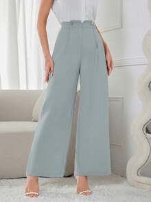 Modelyn Women's Solid Color Waist Button Design Wide Leg Loose Elegant Pants - Blue - View 4